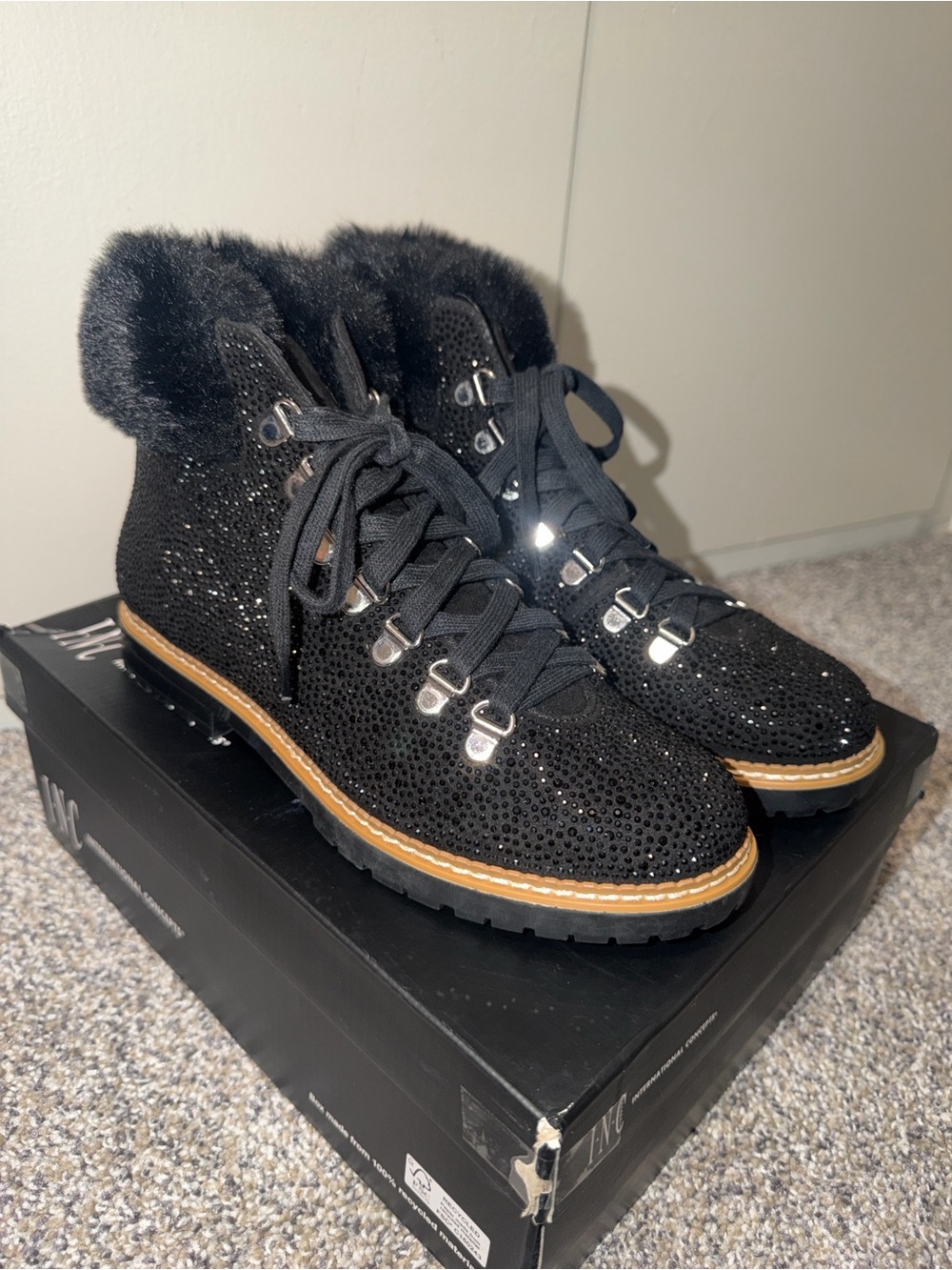 INC International Concepts Black Lace-Up Faux Fur Ankle Boot with Sparkle